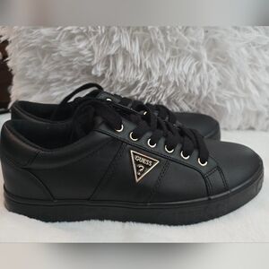 Brand NEW Womans Size 9 Guess Black Leather Sneakers with Gold Details